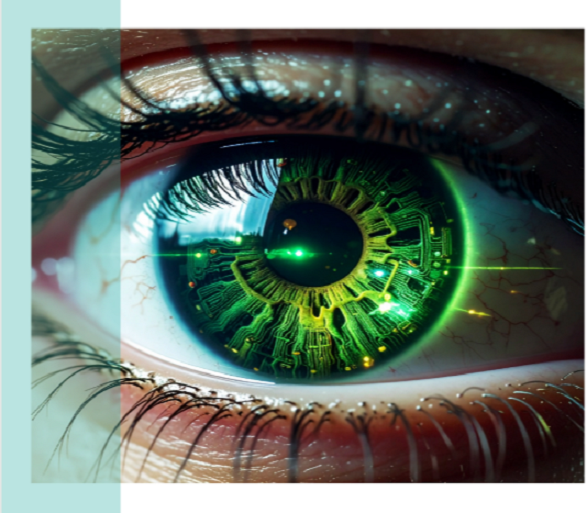Futuristic AI cyber eye with green digital circuits